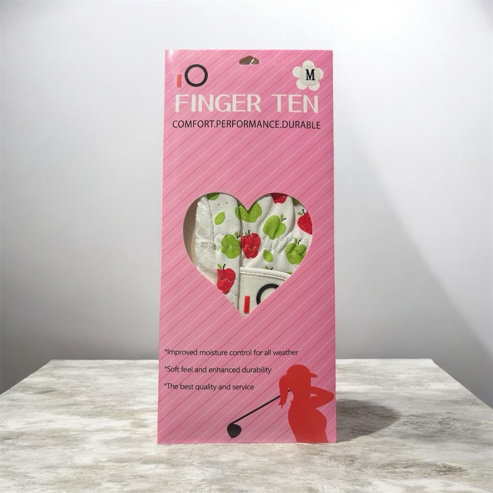 Finger ten Women's Golf Gloves - Pink with Red & Green Apple Print
